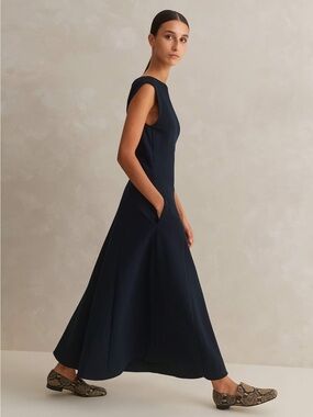 ME+EM Navy Travel Tailoring Boat Neck Midi Dress NWOT